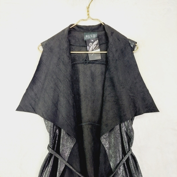 NEW BLVD Black Faux Leather Long Open Front Waist Tie Vest P7060 - Picture 2 of 8